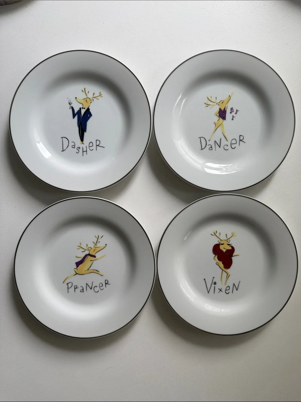 Rare Retired Complete Set Nine (9) Santa's Reindeer Dessert Plates Pottery Barn